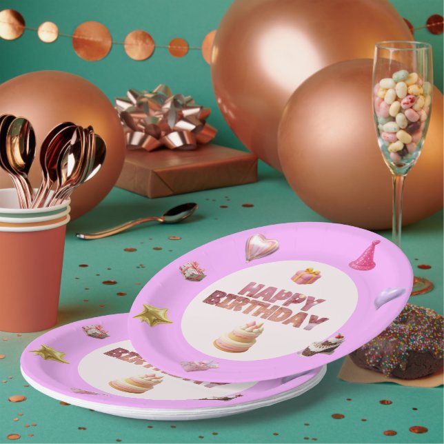 Pastel Pink Birthday Theme Paper Plate (Multi)