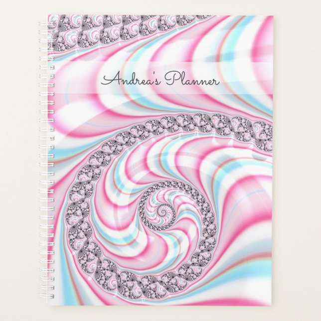 Pastel Pink Blue Candy Cane Spiral Fractal Planner (Front)