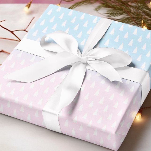 Pastel Pink Blue Christmas Tree Gender Reveal Wrapping Paper (Creator Uploaded)