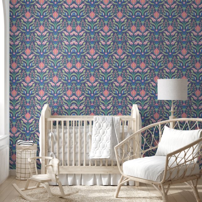 Pastel Pink Blue Floral Art Nouveau Wallpaper (Kids)