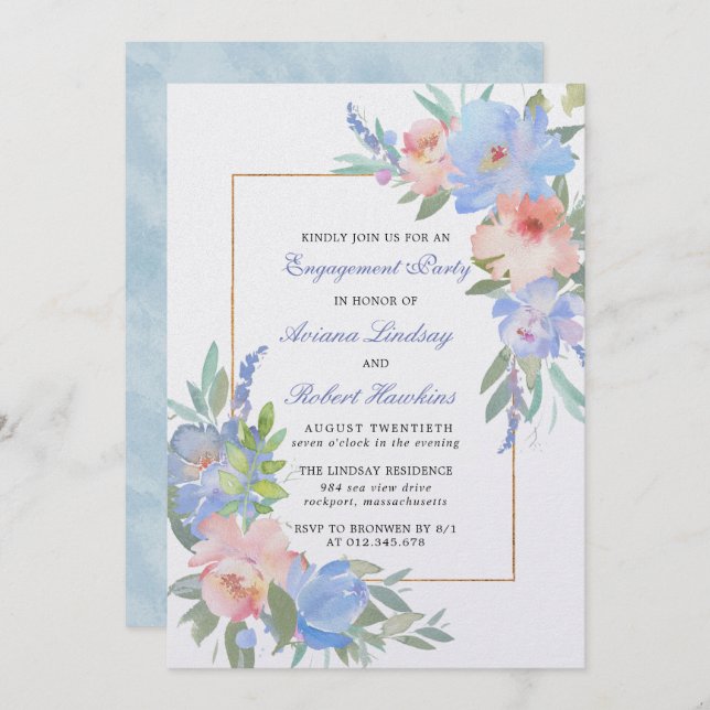 Pastel Pink Blue Floral Wedding Engagement Invitation (Front/Back)