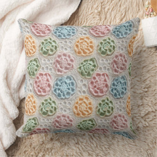 Pastel Pink Blue Green Orange Crochet Look Cushion
