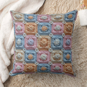 Pastel Pink Blue Ivory Orange Crochet Look Cushion