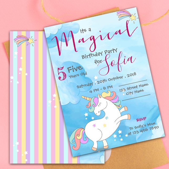 Pastel pink blue Magical Unicorn Themed Birthday Invitation (Magical Unicorn Themed Birthday Invitation)