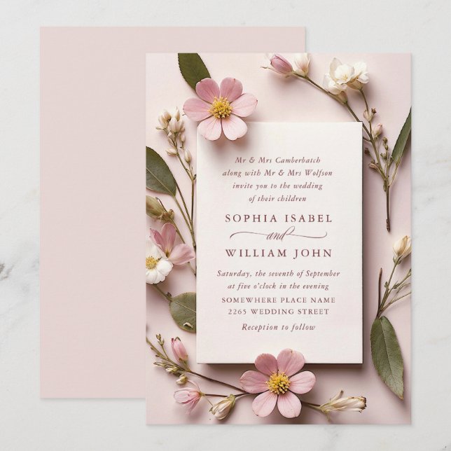 Pastel Pink Blush Bohemian Wildflowers Wedding Invitation (Front/Back)