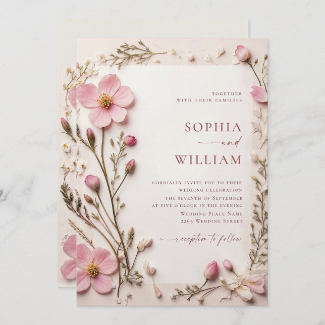 Pastel Pink Blush Boho Wildflowers Wedding Invitation (Front/Back)
