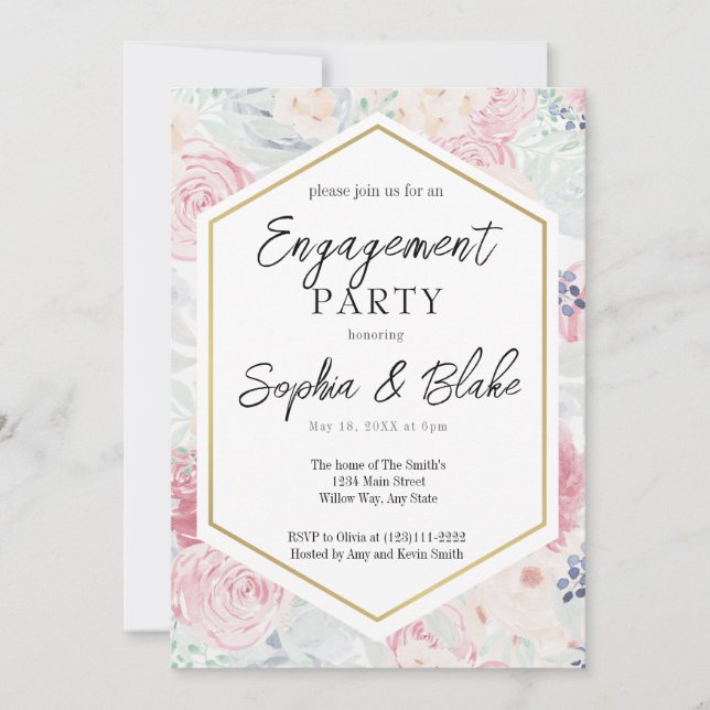 Pastel Pink & Blush Floral Engagement Party  Invitation (Front)