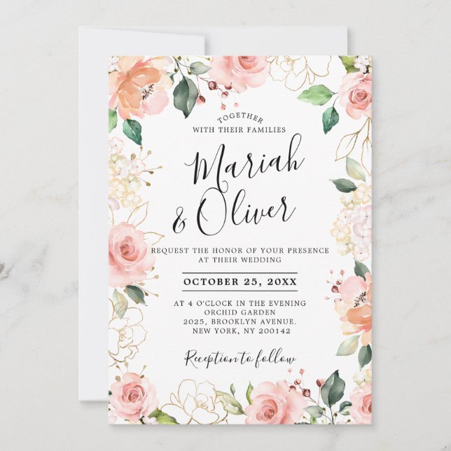 Pastel Pink Blush Rose Floral Botanical Wedding Invitation (Front)