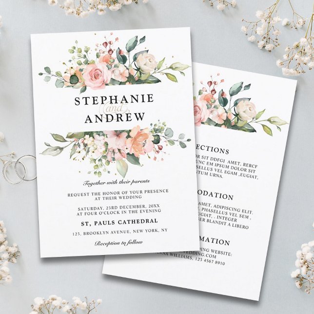 Pastel Pink Blush Rose Floral Botanical Wedding Invitation (Pastel pink blush rose floral wedding invitation with details on back)