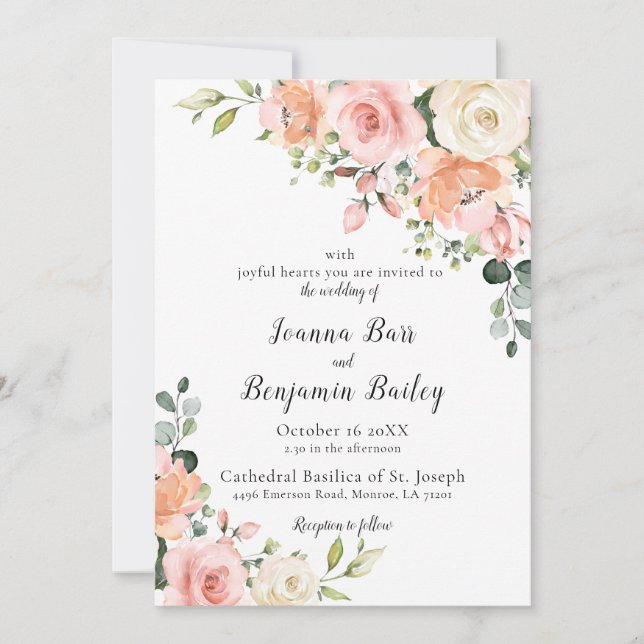 Pastel Pink Blush Rose Floral Botanical Wedding Invitation (Front)