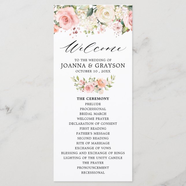 Pastel Pink Blush Rose Floral Botanical Wedding Programme (Front)