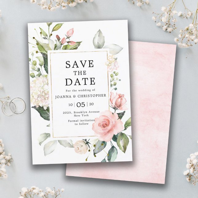 Pastel Pink Blush Rose Floral Botanical Wedding Save The Date (Pastel pink blush rose floral save the date card)
