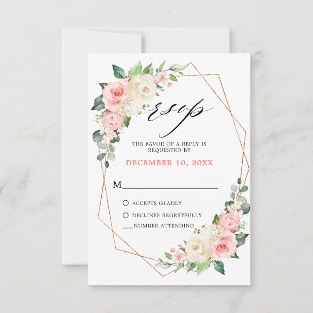 Pastel Pink Blush Rose Floral Geometric Wedding RSVP Card (Front)
