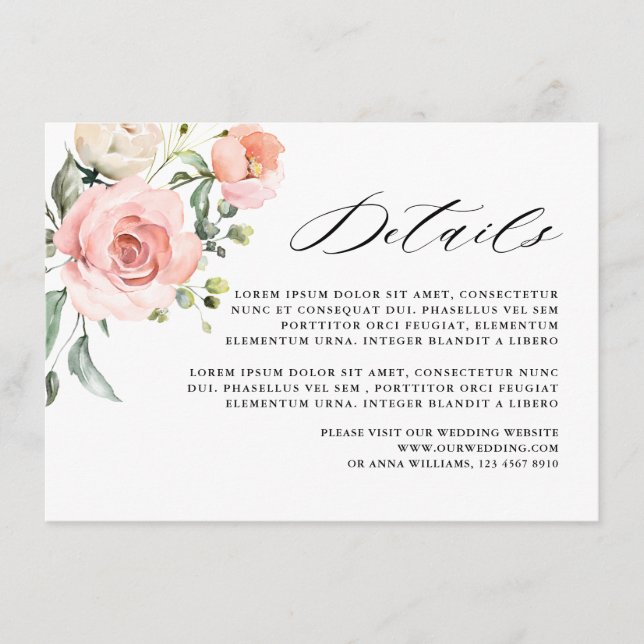 Pastel Pink Blush Rose Floral Wedding Details Enclosure Card (Front)