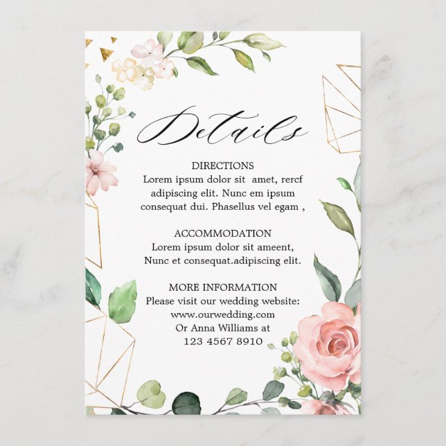 Pastel Pink Blush Rose Floral Wedding Details Enclosure Card (Front)