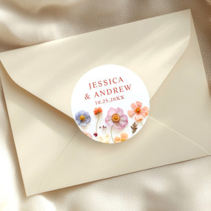 Pastel Pink Bohemian Wildflowers Wedding Classic Round Sticker