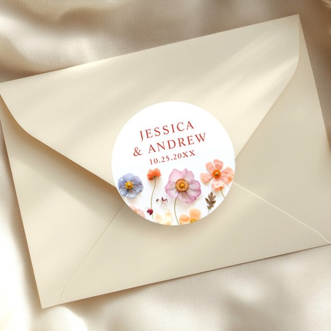 Pastel Pink Bohemian Wildflowers Wedding  Classic Round Sticker (Creator Uploaded)