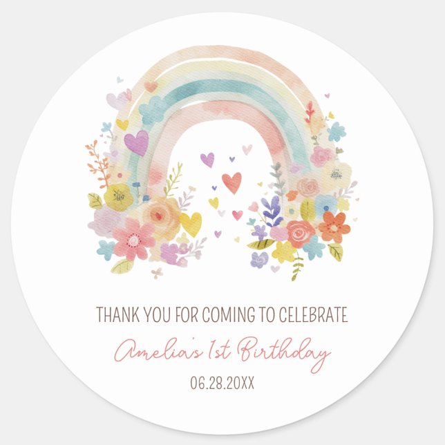 Pastel Pink Boho Rainbow Floral 1st Birthday Classic Round Sticker (Boho rainbow birthday stickers, 1st birthday thank you labels, pastel floral favor stickers)