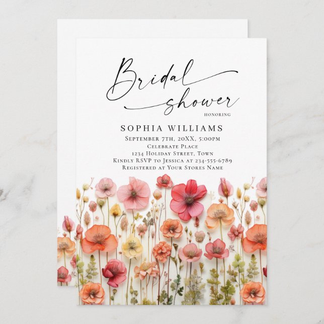 Pastel Pink Boho Wild Flowers Bridal Shower Invitation (Front/Back)