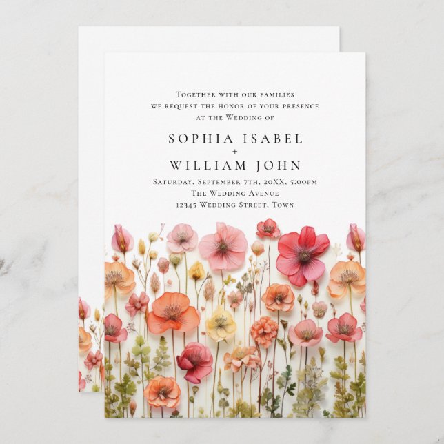 Pastel Pink Boho Wild Flowers Wedding Invitation (Front/Back)