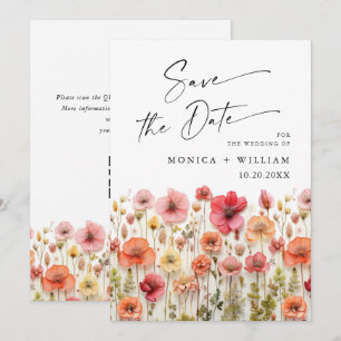 Pastel Pink Boho Wild Flowers Wedding QR code Save The Date