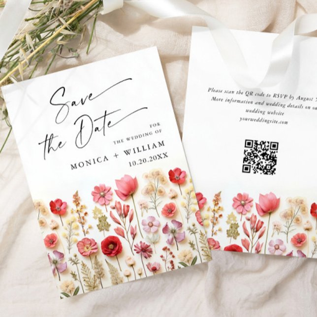 Pastel Pink Boho Wild Flowers Wedding QR code Save The Date (Creator Uploaded)