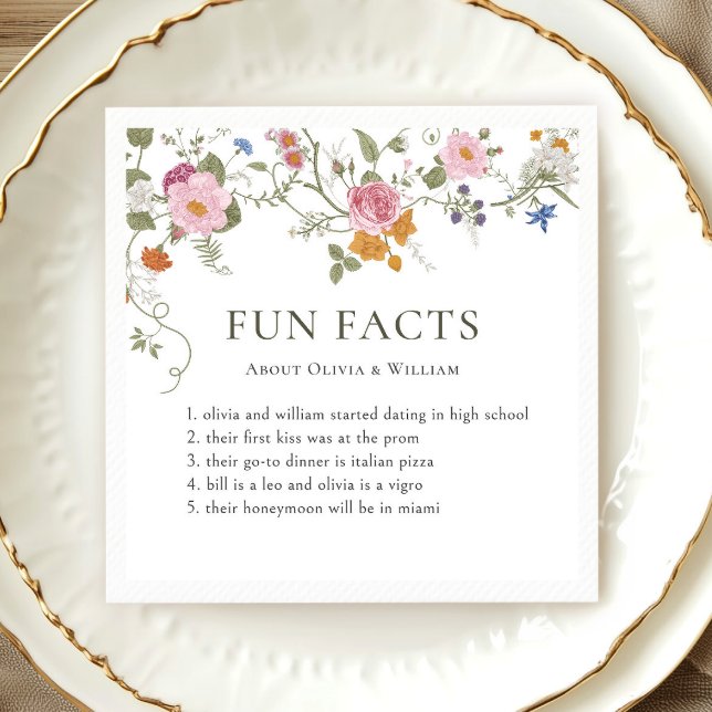 Pastel Pink Boho Wildflower Fun Facts Wedding Napkin (Creator Uploaded)