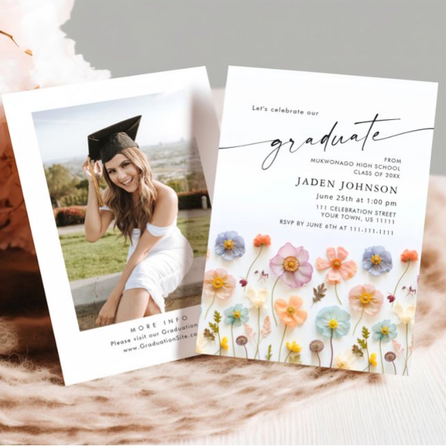 Pastel Pink Boho Wildflower Graduation Party Photo Invitation (Creator Uploaded)