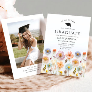 Pastel Pink Boho Wildflowers Graduation Party Invitation