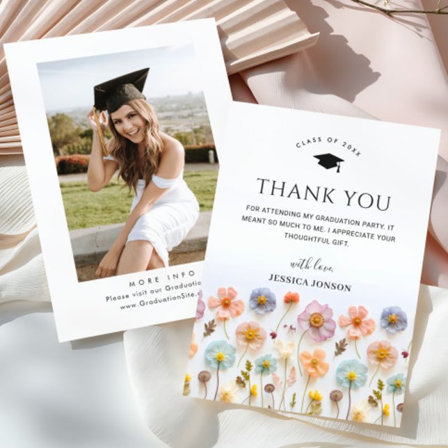Pastel Pink Boho Wildflowers PHOTO Graduation Thank You Card (Creator Uploaded)