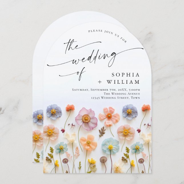 Pastel Pink Boho Wildflowers Wedding Invitation (Front/Back)