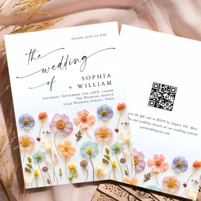 Pastel Pink Boho Wildflowers Wedding QR code Invitation (Creator Uploaded)
