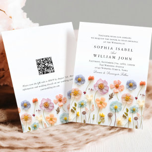 Pastel Pink Boho Wildflowers Wedding QR code Invitation