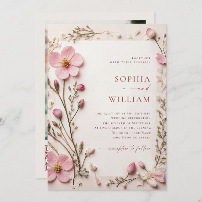 Pastel Pink Boho Wildflowers Wedding QR code Photo Invitation (Front/Back)