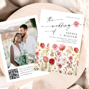 Pastel Pink Boho Wildflowers Wedding QR code Photo Invitation