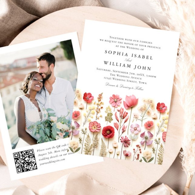 Pastel Pink Boho Wildflowers Wedding QR code Photo Invitation (Creator Uploaded)