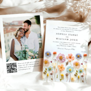 Pastel Pink Boho Wildflowers Wedding QR code Photo Invitation