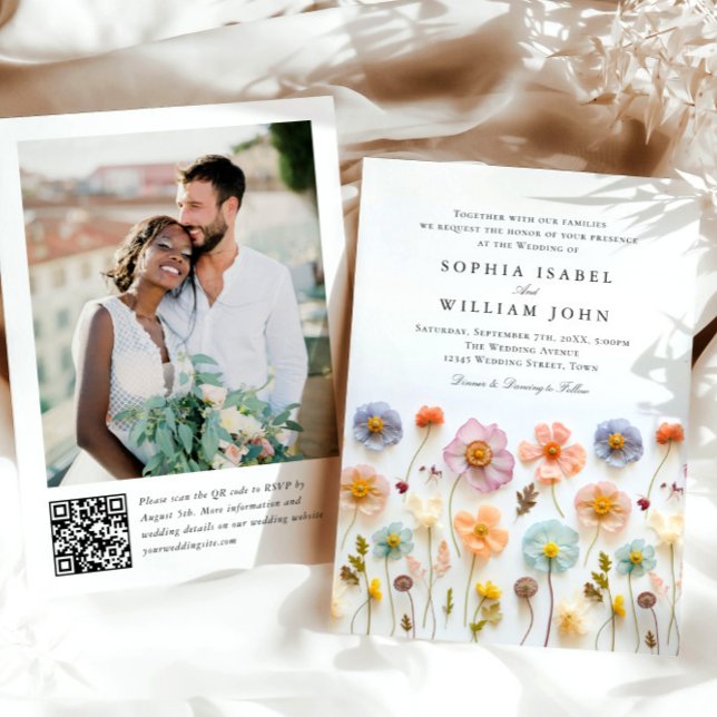 Pastel Pink Boho Wildflowers Wedding QR code Photo Invitation (Creator Uploaded)