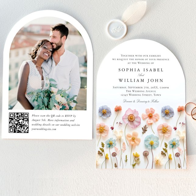 Pastel Pink Boho Wildflowers Wedding QR code Photo Invitation (Creator Uploaded)