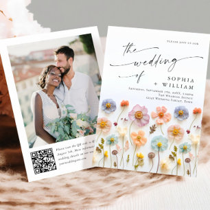 Pastel Pink Boho Wildflowers Wedding QR code Photo Invitation