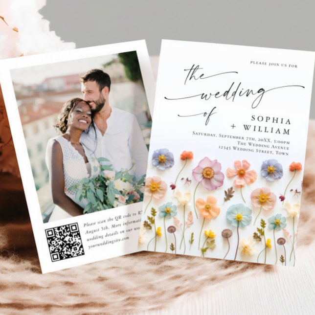 Pastel Pink Boho Wildflowers Wedding QR code Photo Invitation (Creator Uploaded)