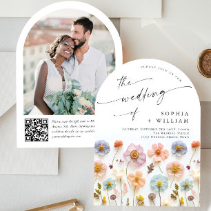 Pastel Pink Boho Wildflowers Wedding QR code Photo Invitation