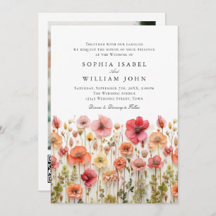 Pastel Pink Boho Wildflowers Wedding QR code Photo Invitation
