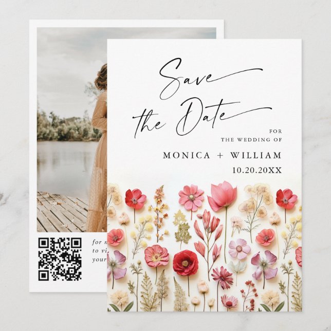 Pastel Pink Boho Wildflowers Wedding QR code Photo Save The Date (Front/Back)