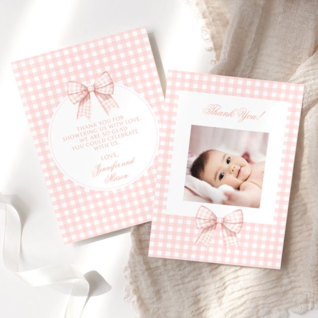 Pastel pink bow baby shower photo thank you cards (Creator Uploaded)