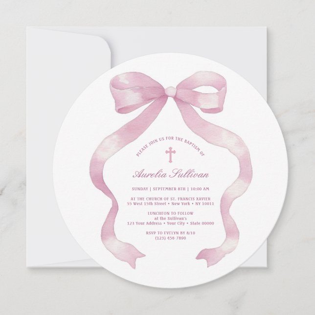 Pastel Pink Bow Baptism Invitation (Front)