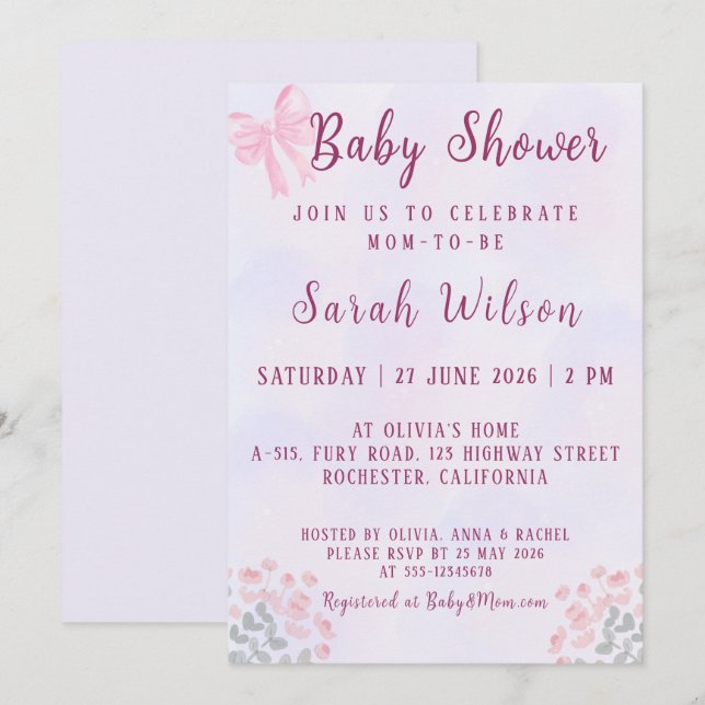 Pastel Pink Bow Floral Baby Shower Invitation (Front/Back)