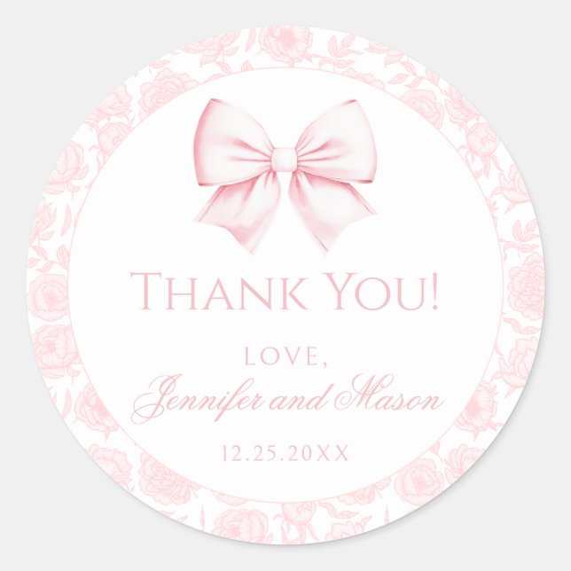 Pastel pink bow floral boho baby shower thank you classic round sticker (Front)