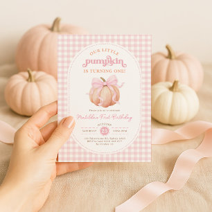 Pastel Pink Bow Pumpkin Fall 1st Birthday Party Invitation