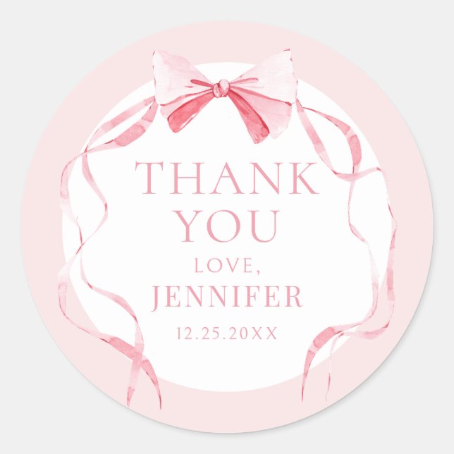 Pastel pink bow ribbon baby girl shower thank you classic round sticker (Front)